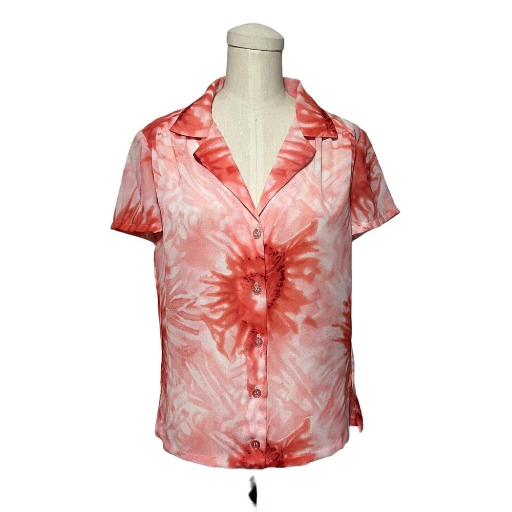 Vintage Pink Tie Dye Look Abstract Floral Sheer Button Front Shirt Short Sleeve